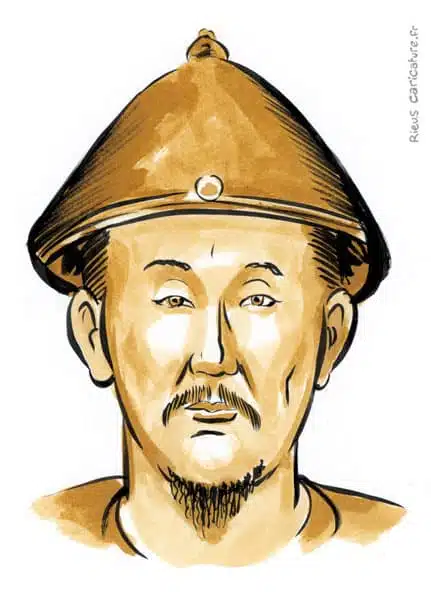 Retrato histórico en acuarela sepia de Kangxi — Emperador Qing — 1654–1722 · Sébastien Rieu