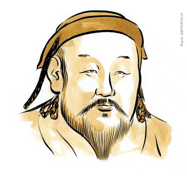 Retrato histórico en acuarela sepia de Kublai Kan — Fundador din. Yuan — 1215–1294 · Sébastien Rieu