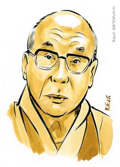 Retrato histórico en acuarela sepia de Dalái Lama — Líder espiritual — 1935– · Sébastien Rieu