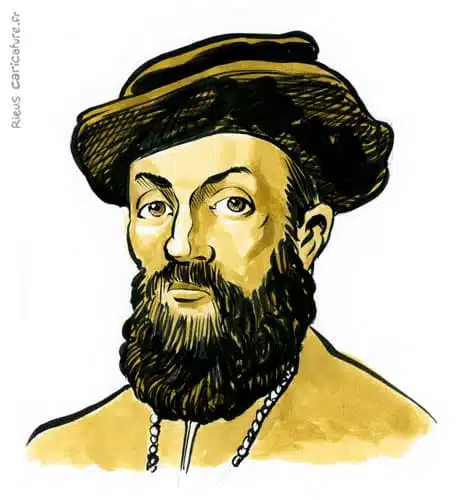 Retrato histórico en acuarela sepia de Fernando de Magallanes — Navegador — 1480–1521 · Sébastien Rieu