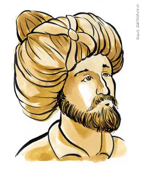 Retrato histórico en acuarela sepia de Mahoma — Profeta del Islam — 570–632 · Sébastien Rieu