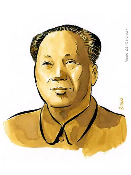 Retrato histórico en acuarela sepia de Mao Zedong — Presidente — 1893–1976 · Sébastien Rieu