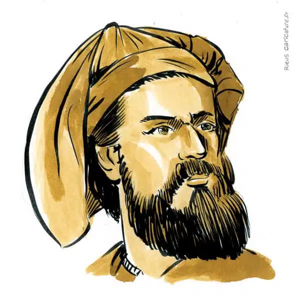 Retrato histórico en acuarela sepia de Marco Polo — Explorador — 1254–1324 · Sébastien Rieu