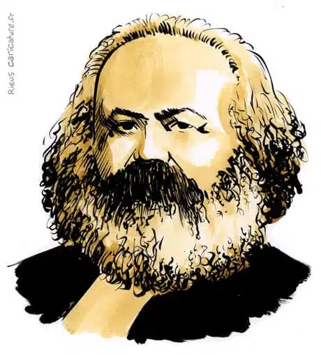 Retrato histórico en acuarela sepia de Karl Marx — Filósofo — 1818–1883 · Sébastien Rieu