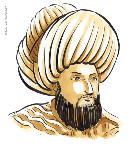 Retrato histórico en acuarela sepia de Mehmed II — Sultán otomano — 1432–1481 · Sébastien Rieu