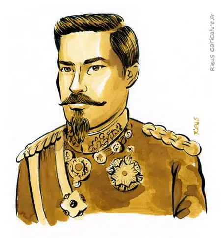 Retrato histórico en acuarela sepia de Emperador Meiji — Emperador — 1852–1912 · Sébastien Rieu