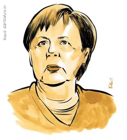Retrato histórico en acuarela sepia de Angela Merkel — Canciller — 1954– · Sébastien Rieu