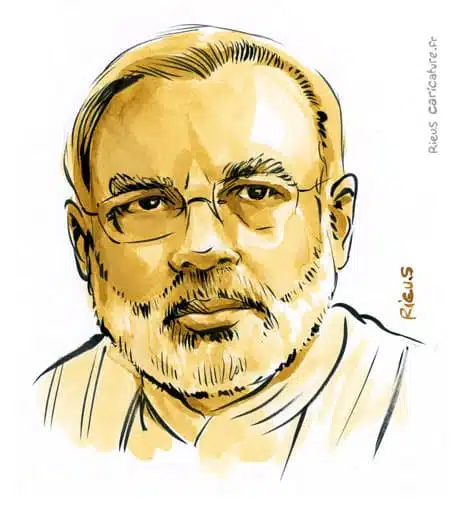 Retrato histórico en acuarela sepia de Narendra Modi — Primer ministro — 1950– · Sébastien Rieu