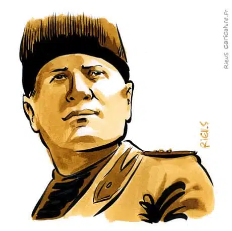Retrato histórico en acuarela sepia de Benito Mussolini — Dictador — 1883–1945 · Sébastien Rieu