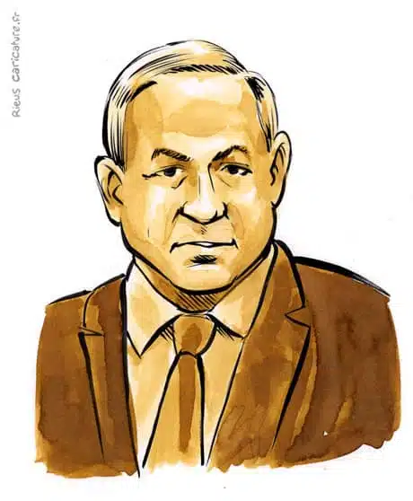 Retrato histórico en acuarela sepia de Benjamin Netanyahu — Primer ministro — 1949– · Sébastien Rieu