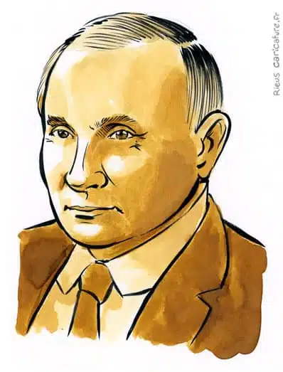 Retrato histórico en acuarela sepia de Vladimir Poutine — Presidente — 1952– · Sébastien Rieu