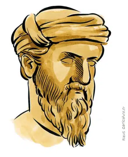 Retrato histórico en acuarela sepia de Pitágoras — Matemático — ~570–495 av. J.-C. · Sébastien Rieu