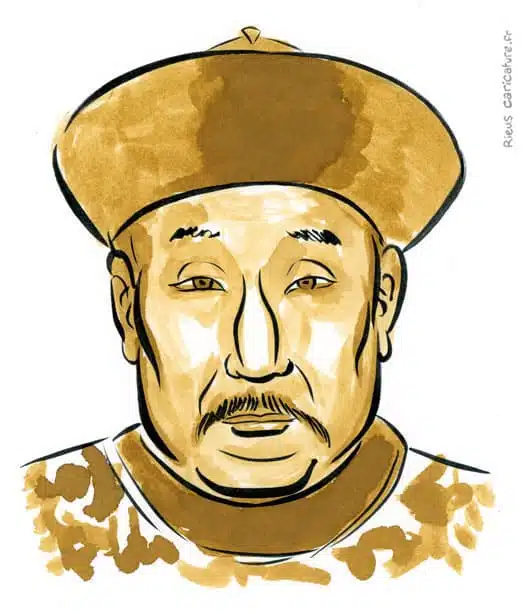 Retrato histórico en acuarela sepia de Qianlong — Emperador Qing — 1711–1799 · Sébastien Rieu