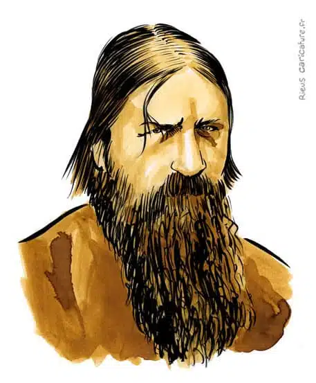 Retrato histórico en acuarela sepia de Grigori Rasputín — Místico — 1869–1916 · Sébastien Rieu