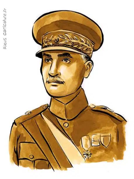 Retrato histórico en acuarela sepia de Reza Shah — Cha — 1878–1944 · Sébastien Rieu