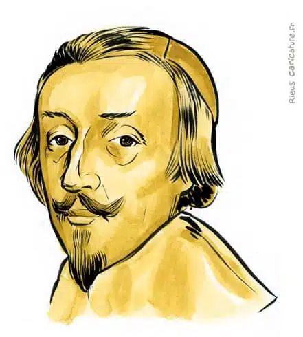 Retrato histórico en acuarela sepia de Cardenal Richelieu — Ministre — 1585–1642 · Sébastien Rieu