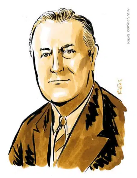 Retrato histórico en acuarela sepia de Franklin D. Roosevelt — 32º presidente — 1882–1945 · Sébastien Rieu