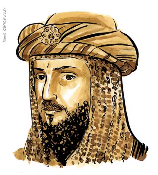 Retrato histórico en acuarela sepia de Saladino — Sultán — 1137–1193 · Sébastien Rieu