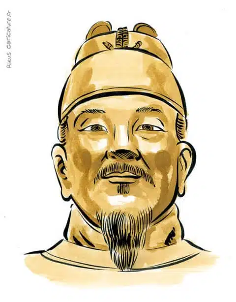 Retrato histórico en acuarela sepia de Sejong el Grande — rey de corea — 1397–1450 · Sébastien Rieu