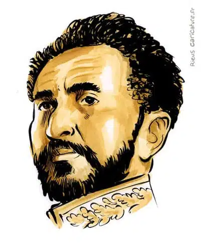 Retrato histórico en acuarela sepia de Haile Selassie — Emperador — 1892–1975 · Sébastien Rieu