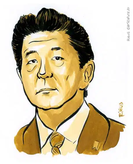 Retrato histórico en acuarela sepia de Shinzō Abe — Primer ministro — 1954–2022 · Sébastien Rieu