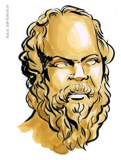 Retrato histórico en acuarela sepia de Sócrates — Filósofo — 470–399 av. J.-C. · Sébastien Rieu