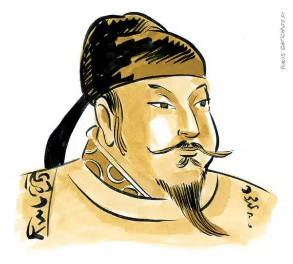 Retrato histórico en acuarela sepia de Taizong — Emperador Tang — 598–649 · Sébastien Rieu