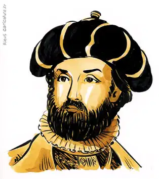 Retrato en acuarela sepia de Vasco de Gama — Navegante — ~1469–1524 · Sébastien Rieu