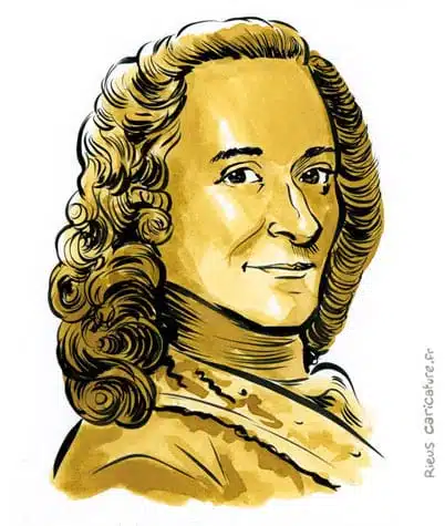 Retrato histórico en acuarela sepia de Voltaire — Philosophe — 1694–1778 · Sébastien Rieu