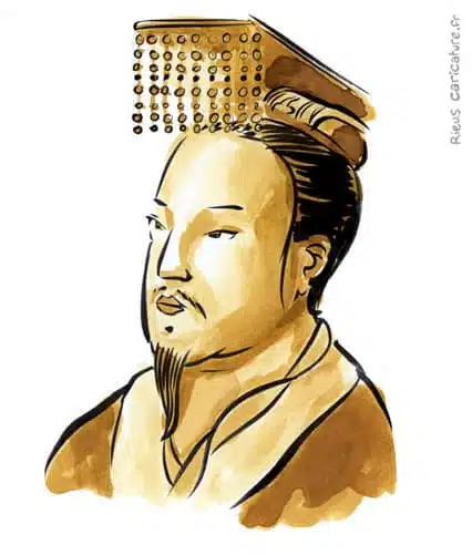 Retrato histórico en acuarela sepia de Yu el Grande — Fundador din. Xia — ~2200 av. J.-C. · Sébastien Rieu