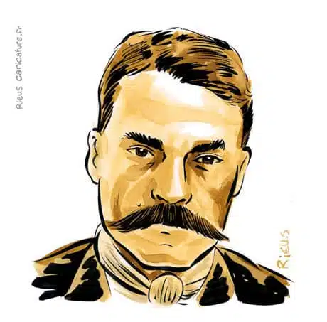 Retrato histórico en acuarela sepia de Emiliano Zapata — Revolucionario — 1879–1919 · Sébastien Rieu